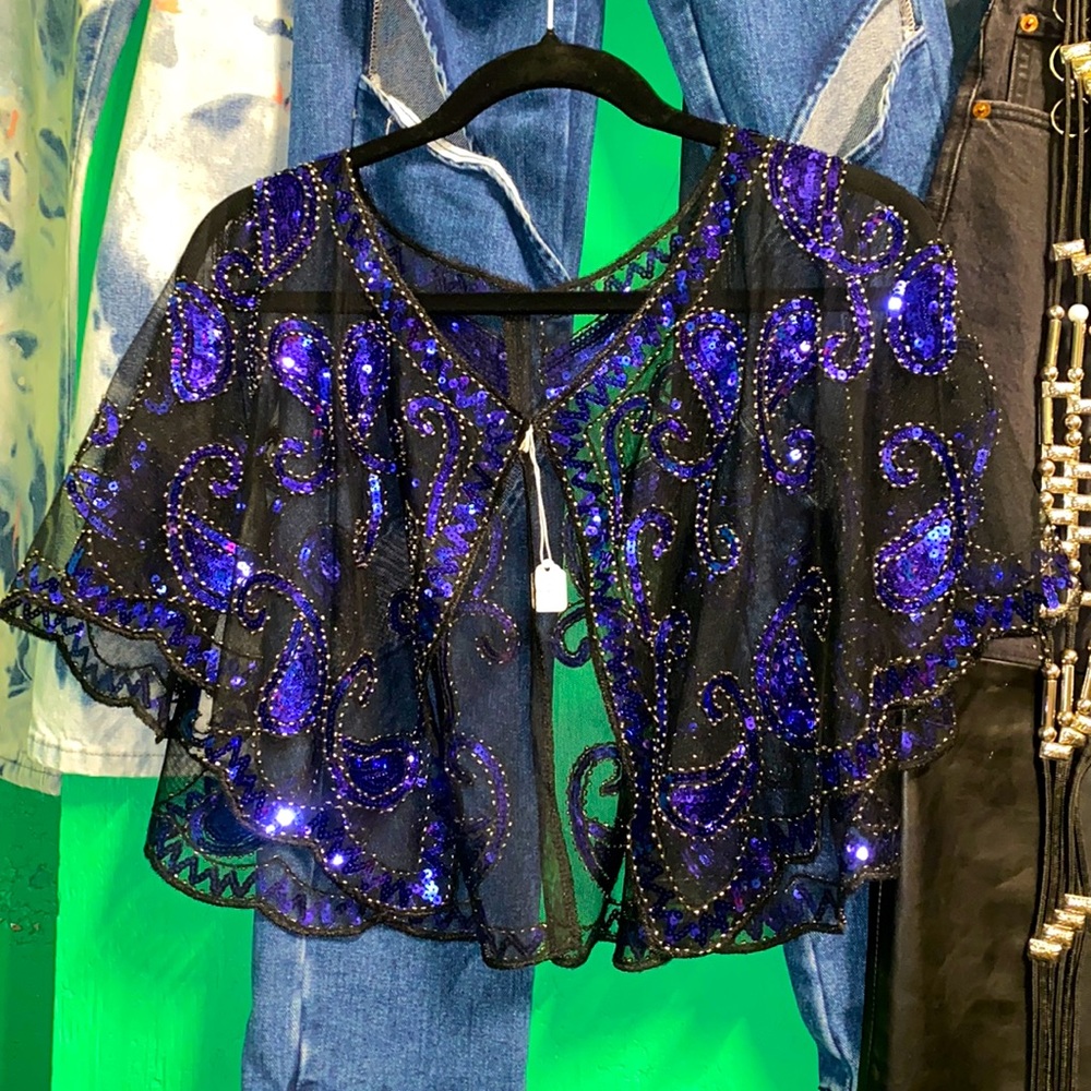 Black & Blue Sequin & Beaded Sheer Cape